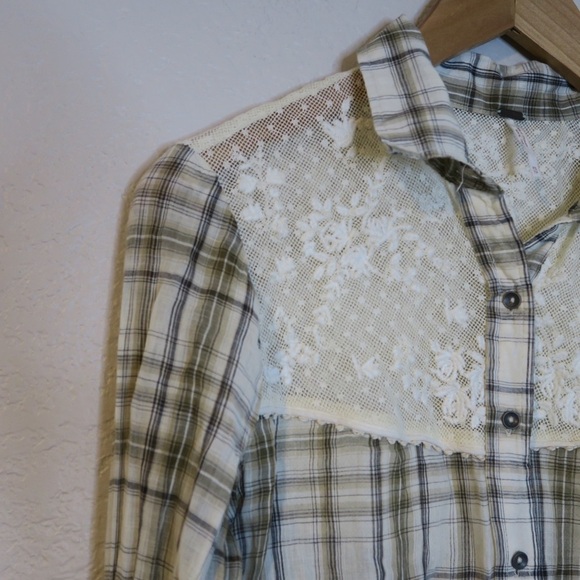 Free People Plaid Saddle Up Button Down Shirt Boho Country Lightweight Lace - Picture 2 of 7